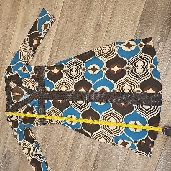 Enfocus Studio, V-Neck, Brown/Blue Print "Wrap" Fitted Dress, Women's Size 6 - Picture 8 of 12
